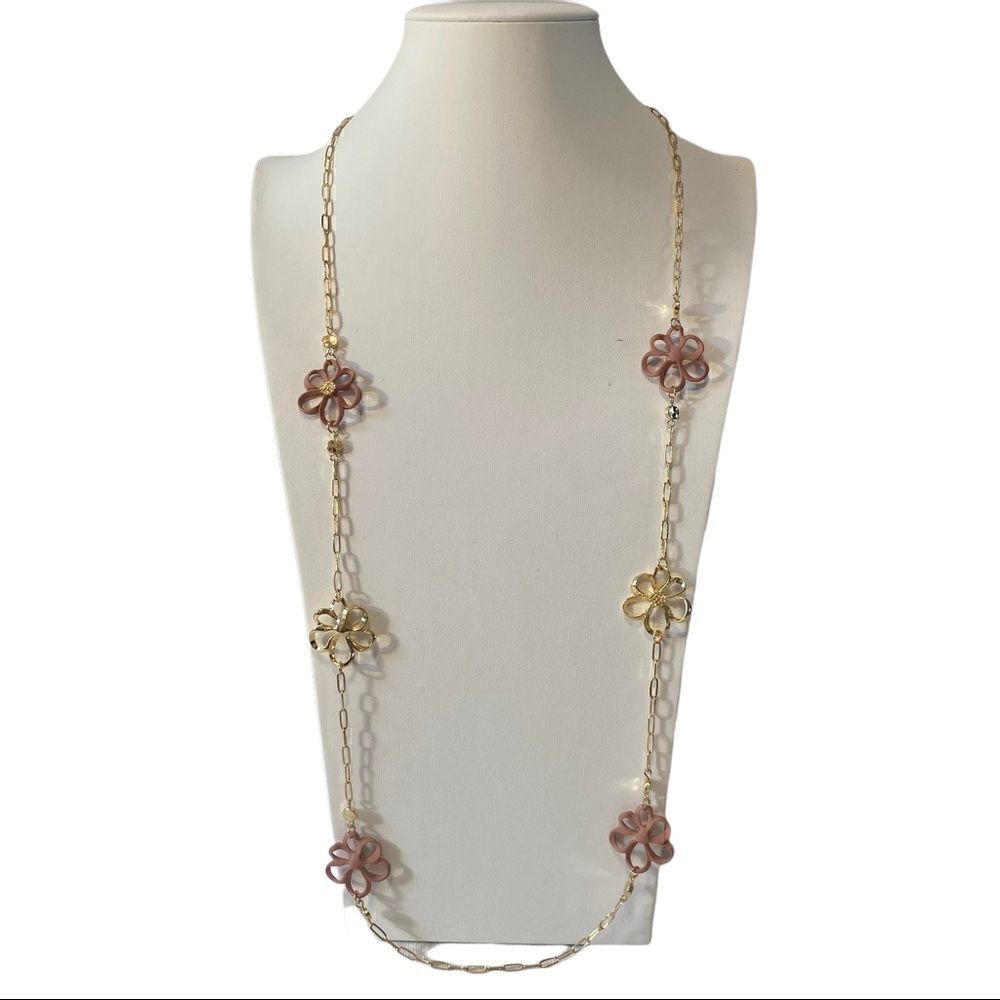 Carol Dauplaise Shiny Gold & Polymer Clay Flower Necklace on XL Gold Chain.